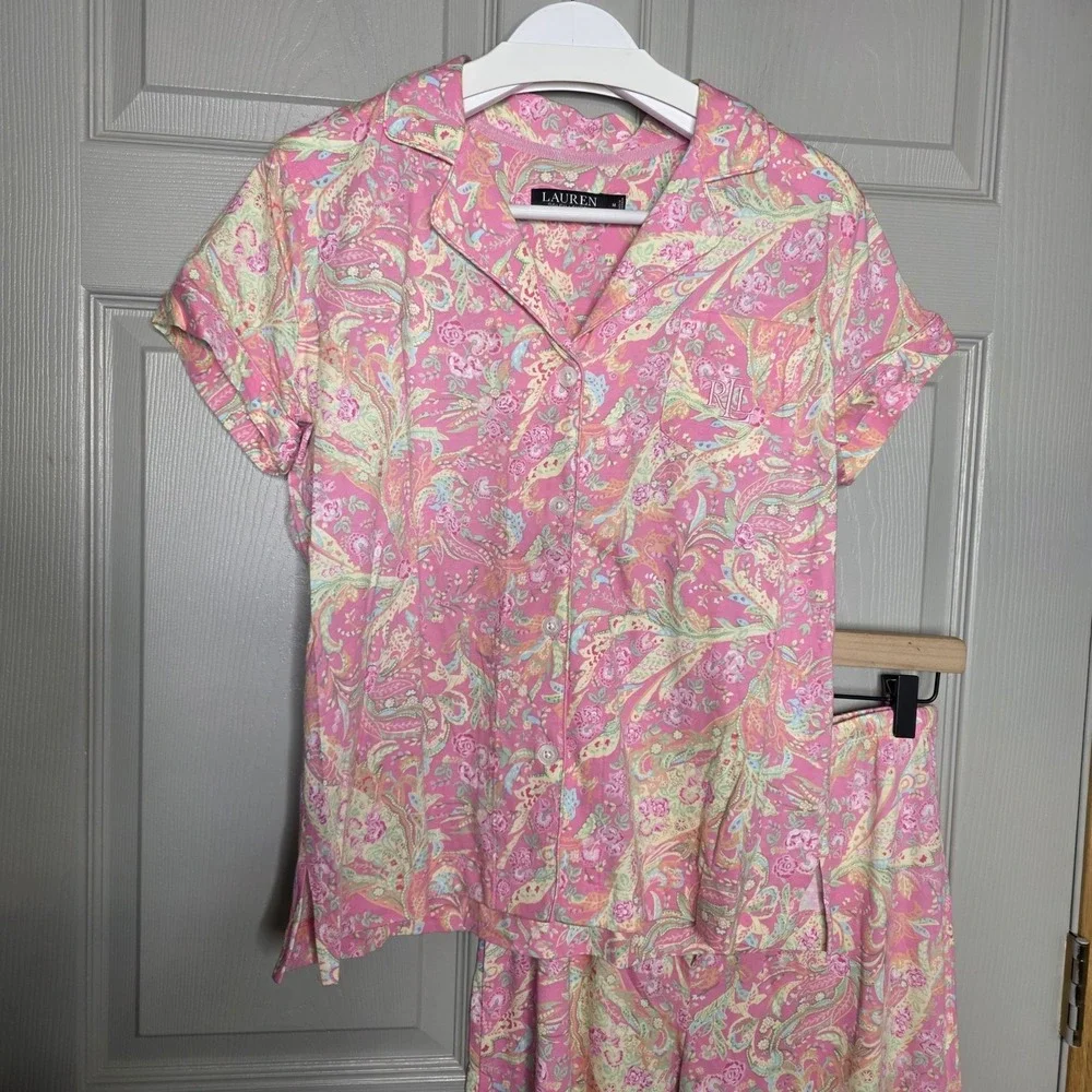 New RALPH LAUREN 2PC Pajama Set Pink Paisley Floral Short Sleeve Capri Pant